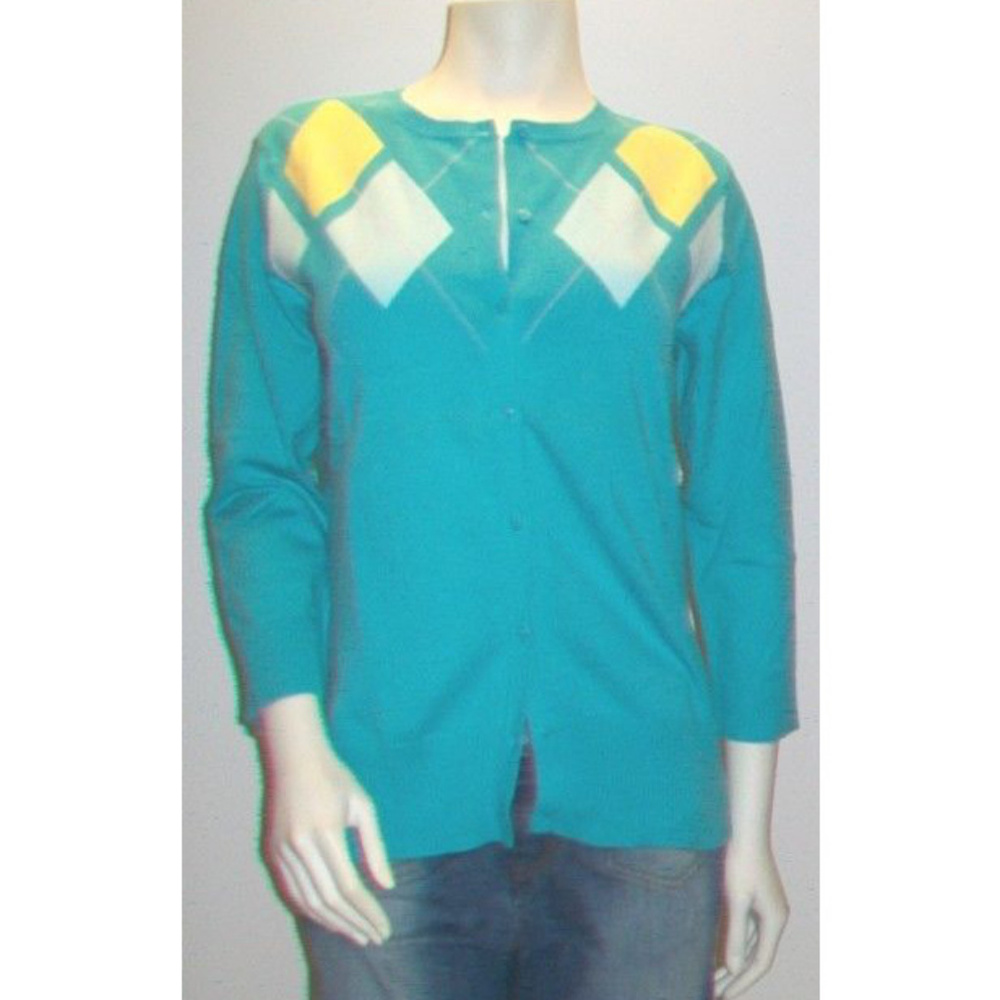 Preppy Teal Blue Argyle Cardigan Sweater